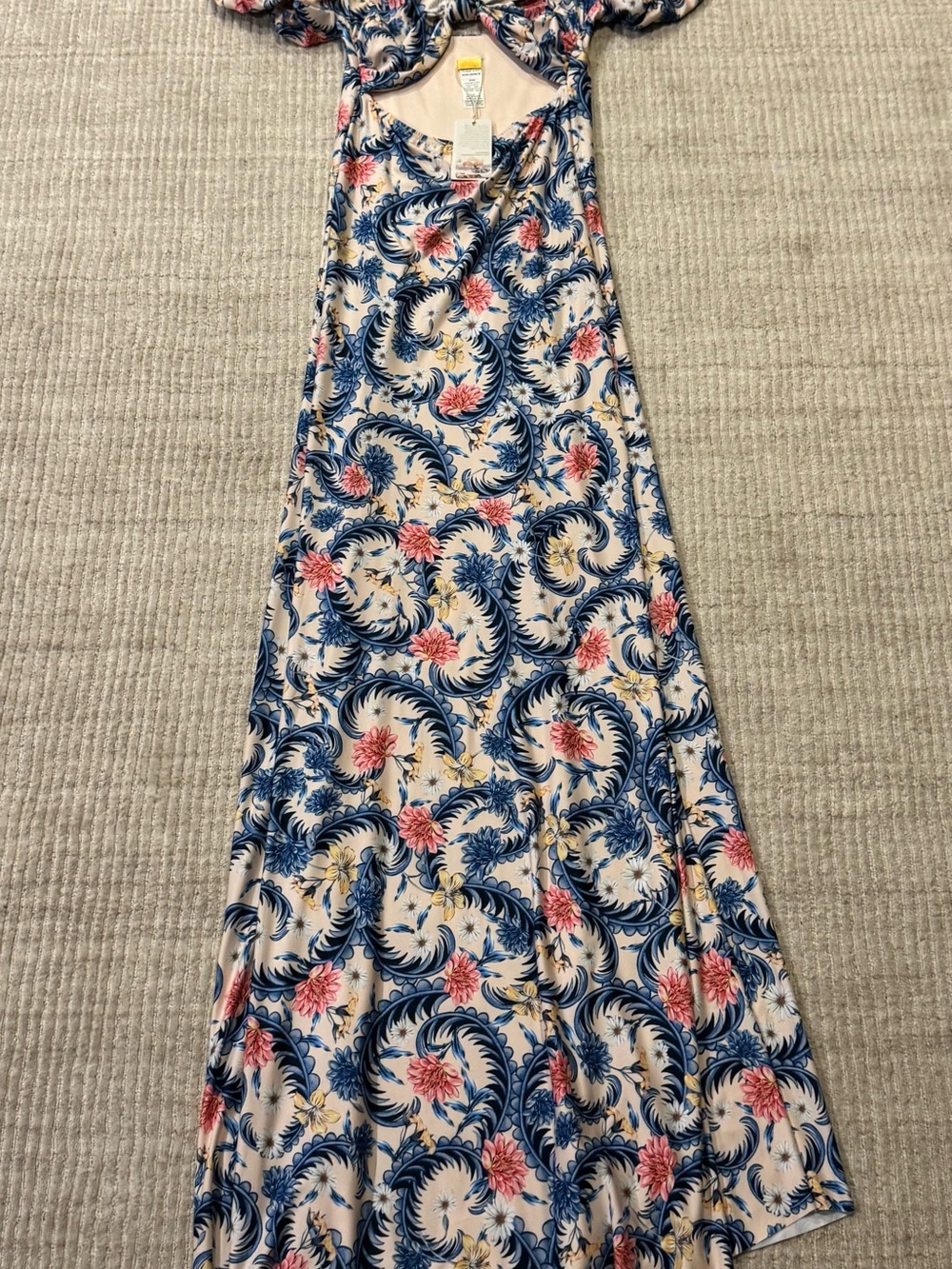 Agua Bendita Clare Ross Floral Puff Sleeve Open Back Maxi Dress NWT